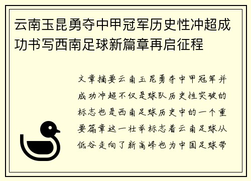 云南玉昆勇夺中甲冠军历史性冲超成功书写西南足球新篇章再启征程