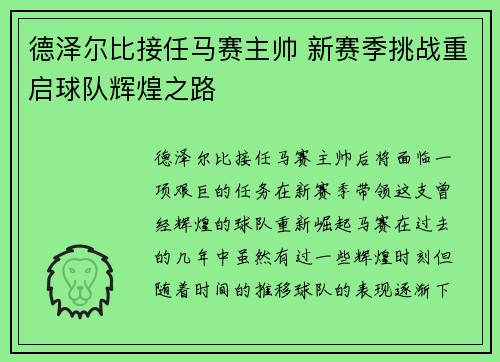 德泽尔比接任马赛主帅 新赛季挑战重启球队辉煌之路