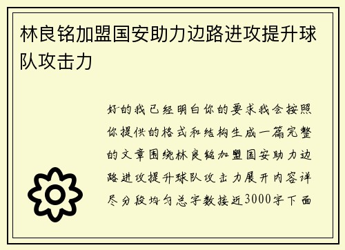 林良铭加盟国安助力边路进攻提升球队攻击力