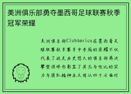 美洲俱乐部勇夺墨西哥足球联赛秋季冠军荣耀