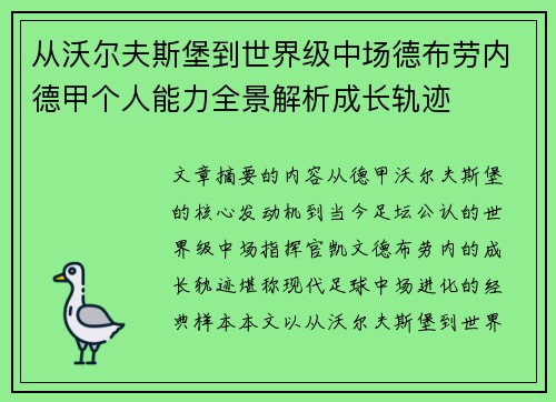从沃尔夫斯堡到世界级中场德布劳内德甲个人能力全景解析成长轨迹
